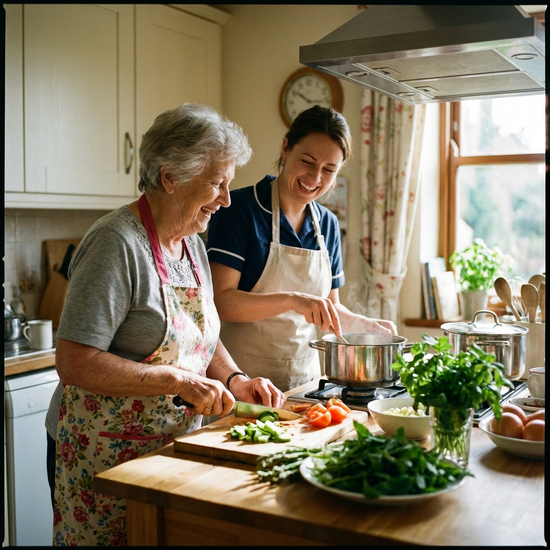 Seniorin und Pflegekraft bereiten gemeinsam eine Mahlzeit in der Küche vor