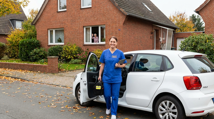 Pflegekraft mit blauer Dienstkleidung steigt aus einem Auto vor einem Einfamilienhaus