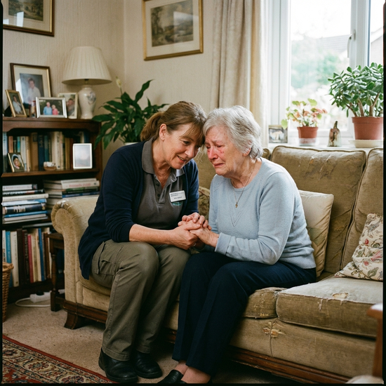 Pflegekraft und Angehörige im intensiven, vertrauensvollen Gespräch auf dem Sofa