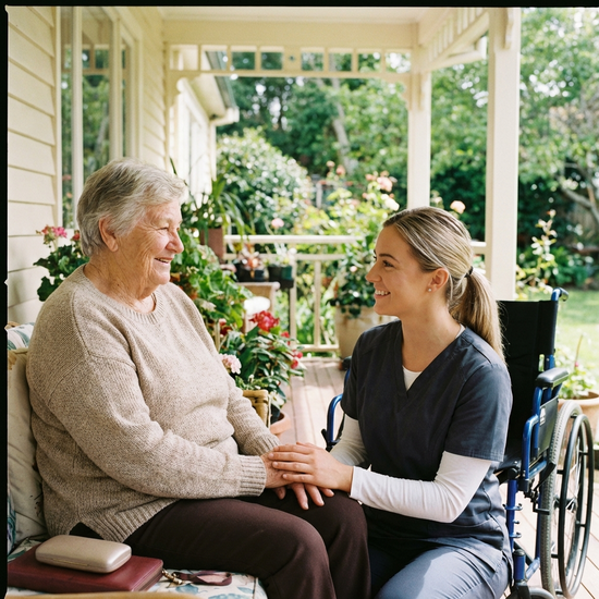Seniorin lächelt entspannt, während die Pflegerin ihre Hand hält
