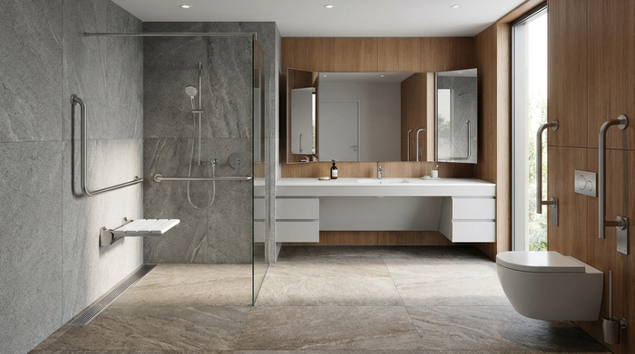 Modernes, barrierefreies Badezimmer mit bodengleicher Dusche und Haltegriffen