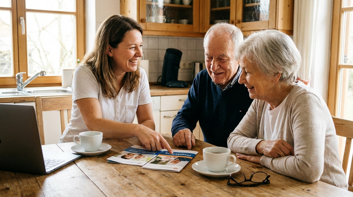 Freundliche Pflegerin berät älteres Ehepaar am Küchentisch anhand von Broschüren