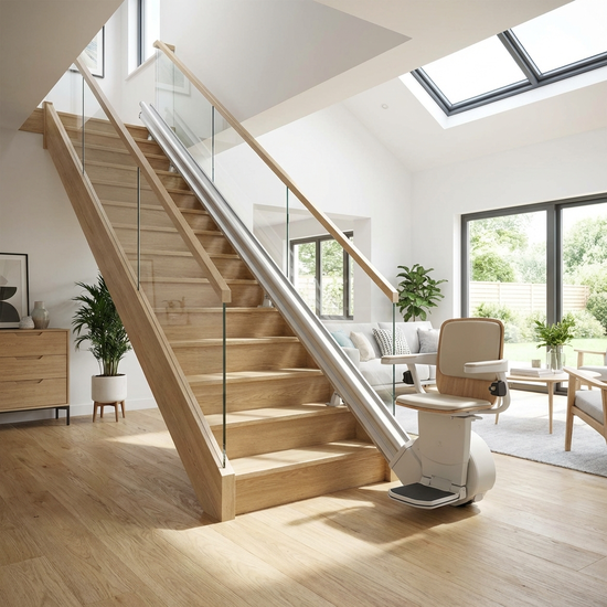 Moderner gerader Treppenlift in einem hellen Einfamilienhaus