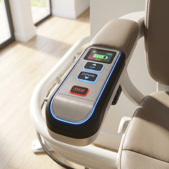 Gut sichtbares Bedienfeld an der Armlehne eines Treppenlifts