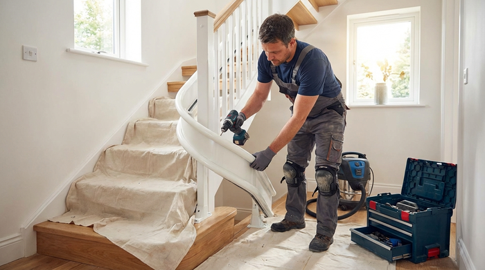 Handwerker bei der sauberen Montage einer Treppenliftschiene
