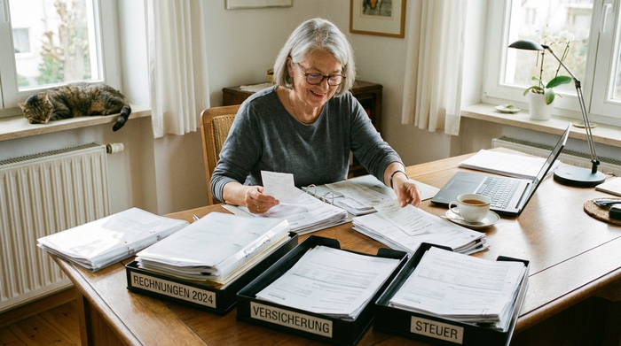 Seniorin sitzt am Schreibtisch und sortiert übersichtlich Dokumente und Rechnungen