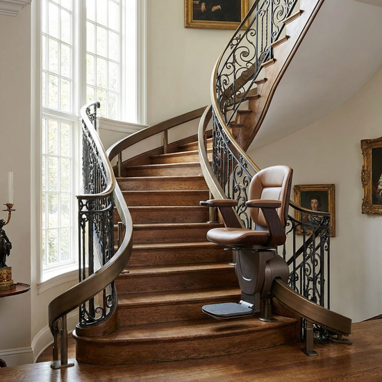 Eleganter Treppenlift an einer gewendelten Treppe