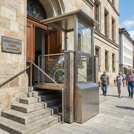 Robuster Plattformlift für Rollstuhlfahrer im Eingangsbereich