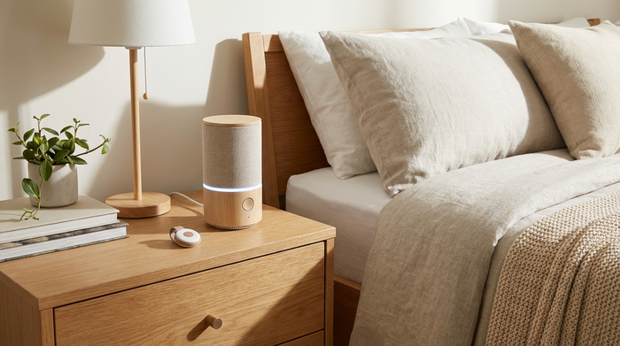 Modernes Hausnotruf-Gerät auf einem aufgeräumten Nachttisch neben einem Bett