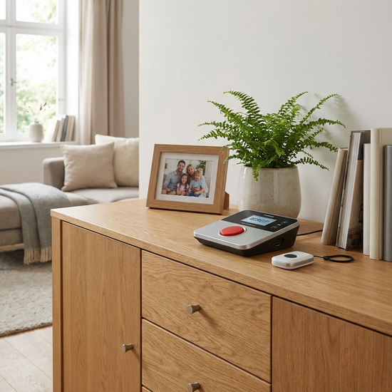 Basisstation eines Hausnotrufsystems auf einem Sideboard