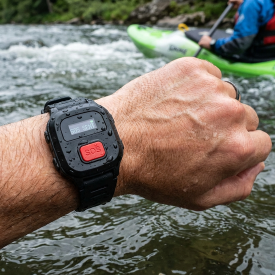 Wasserdichter Notrufsender als Armband am Handgelenk