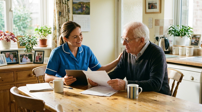 Freundliche Pflegekraft berät älteren Herrn am Küchentisch