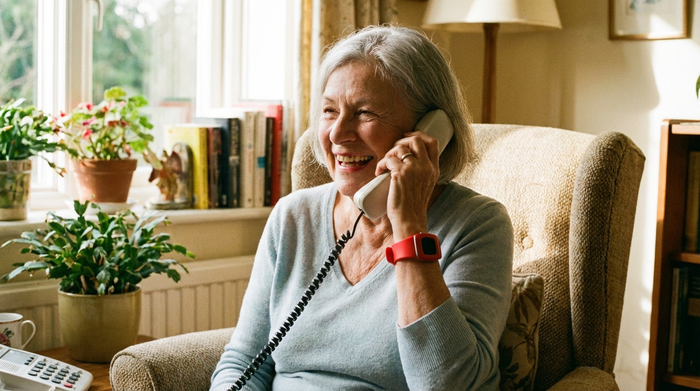 Seniorin mit Notruf-Armband telefoniert lächelnd