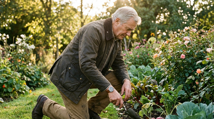 Ein älterer Herr bei der Gartenarbeit, der sicher auf den Beinen steht und eine unauffällige, stilvolle Smartwatch am Handgelenk trägt. Natürliches Sonnenlicht, grüne Pflanzen im Hintergrund.