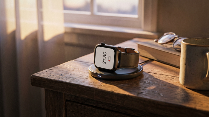 Eine moderne Smartwatch liegt auf einer runden, magnetischen Ladestation auf einem hölzernen Nachttisch. Weiches Abendlicht fällt durch das Fenster und beleuchtet die Szene sanft.