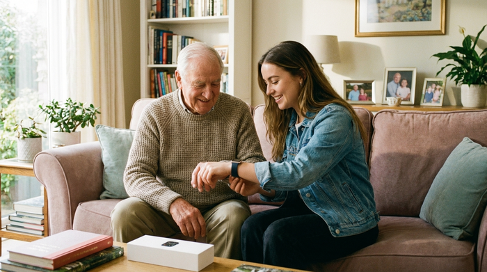 Zwei Generationen sitzen zusammen auf einem Sofa: Eine junge Frau hilft ihrem Großvater beim Anlegen einer neuen Smartwatch. Beide lächeln entspannt und schauen auf das Handgelenk.