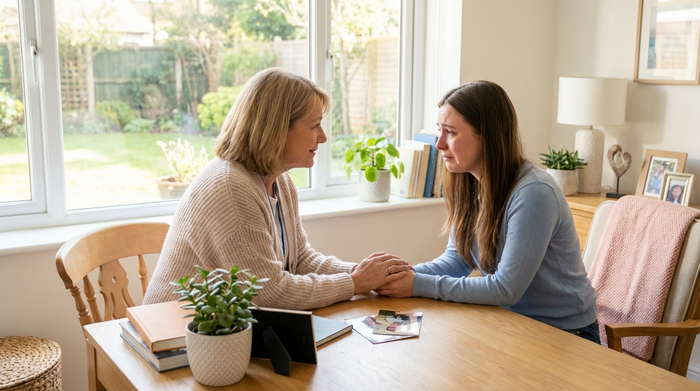 Freundliche Sozialarbeiterin im Gespräch mit einer besorgten Tochter im hellen Büro
