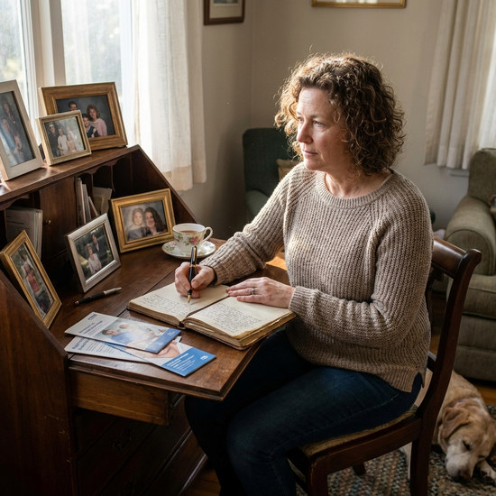 Angehörige schreibt Notizen in ein Buch am Schreibtisch