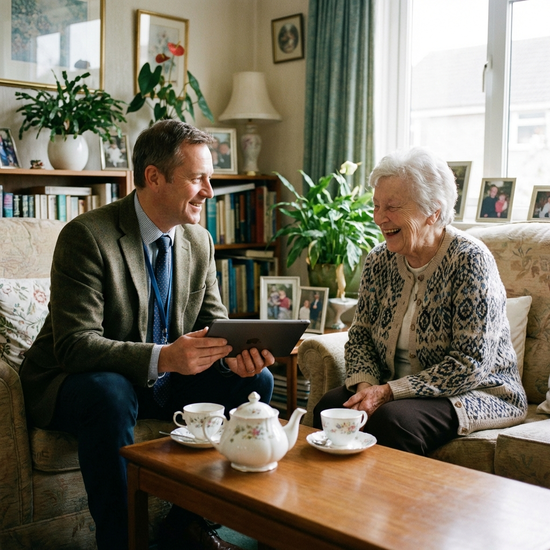 Medizinischer Gutachter sitzt mit Seniorin im Wohnzimmer bei einer Tasse Tee
