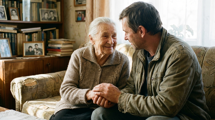 Ältere Dame lächelt dankbar, während ihr Sohn ihre Hand hält