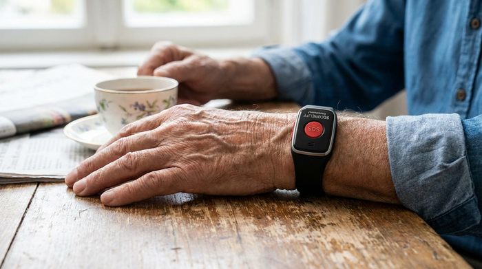 Hausnotruf-Armband am Handgelenk eines Seniors
