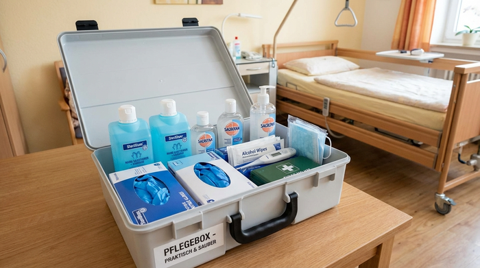 Praktische Pflegebox mit Desinfektionsmitteln und Handschuhen