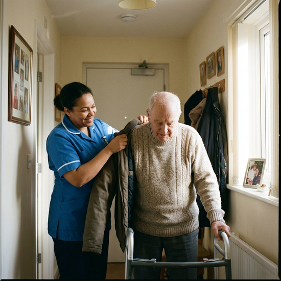 Ambulante Pflegekraft hilft Senior beim Anziehen einer Jacke