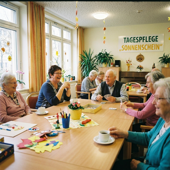 Senioren sitzen fröhlich zusammen in einer Tagespflege-Einrichtung