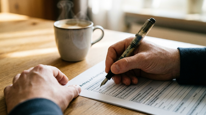 Nahaufnahme von Händen, die ein Formular ausfüllen und einen Stift halten, mit einer Tasse Kaffee im Hintergrund.