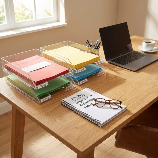 Ordentlicher Schreibtisch mit sortierten Dokumenten, Notizblock und einer Brille, bereit für die Organisation.