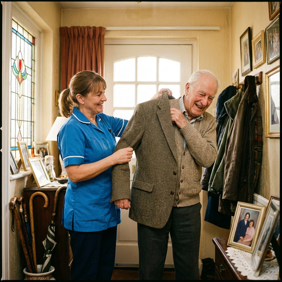 Pflegekraft hilft einem älteren Herrn beim Anziehen einer Jacke im Flur.