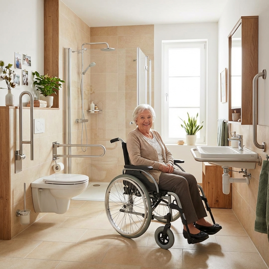 Ältere Dame sitzt im Rollstuhl in einem barrierefreien Badezimmer mit Haltegriffen.