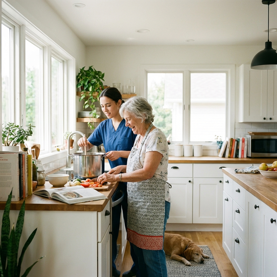 Seniorin und Betreuungskraft kochen gemeinsam in einer hellen, sauberen Küche.