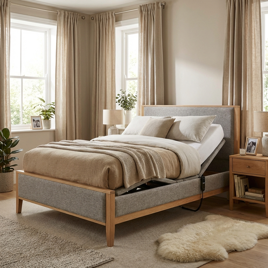 Modernes Pflegebett mit verstellbarem Kopfteil in einem gemütlich eingerichteten Schlafzimmer.