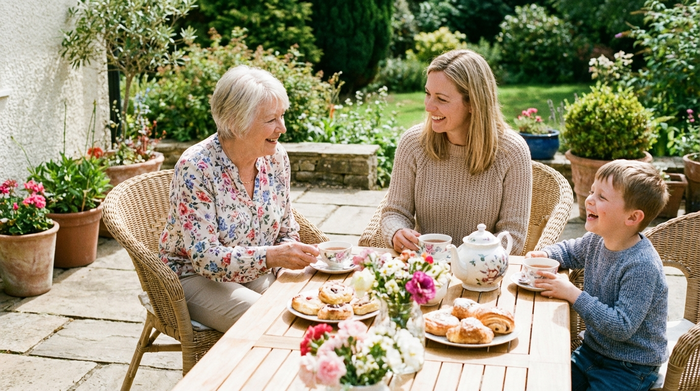 Zwei Generationen einer Familie sitzen lächelnd zusammen auf der Terrasse und trinken Tee.