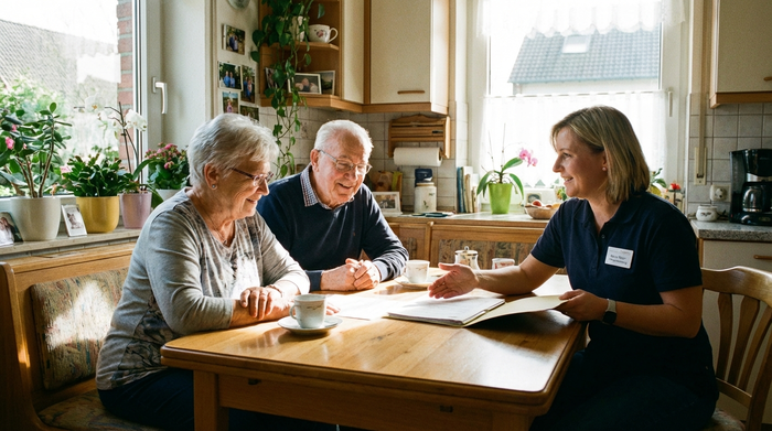 Älteres Ehepaar sitzt entspannt am Küchentisch und bespricht Dokumente mit einer freundlichen Pflegeberaterin