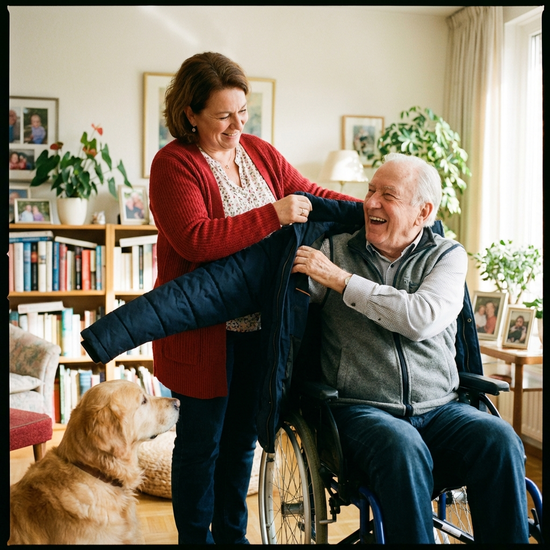 Freundliche Pflegekraft hilft einem Senior beim Anziehen einer Jacke