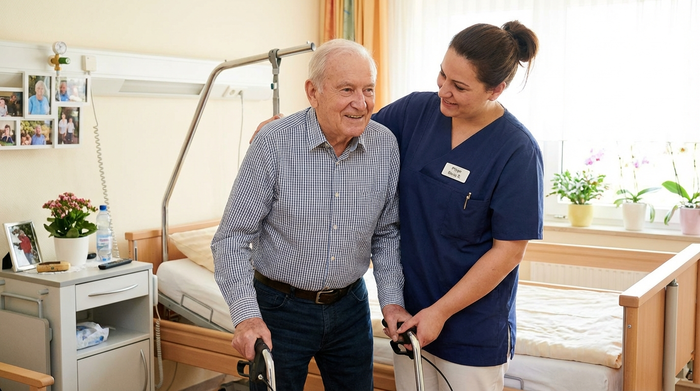 Professionelle Pflegerin in blauer Kasack-Kleidung hilft Senior beim Aufstehen aus dem Bett