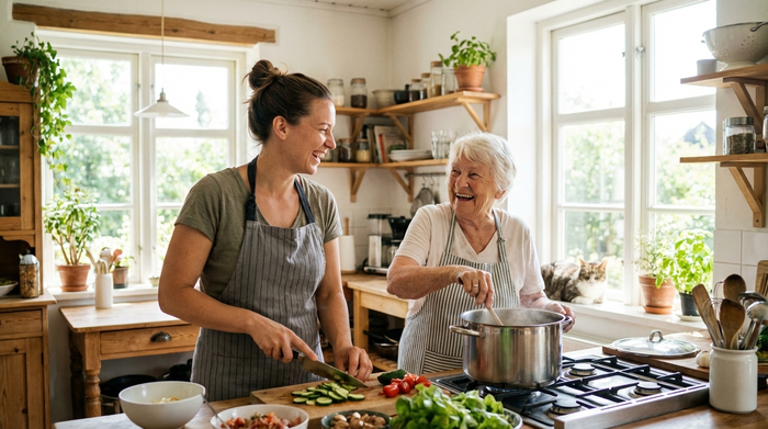 Pflegerin und Seniorin kochen gemeinsam in einer hellen Küche