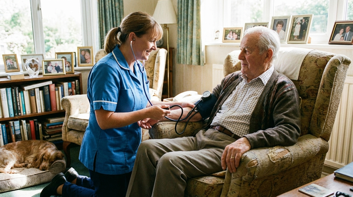 Pflegerin misst den Blutdruck eines älteren Herrn im Sessel