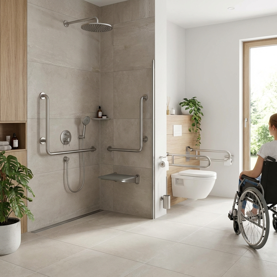 Modernes, barrierefreies Badezimmer mit ebenerdiger Dusche und Haltegriffen