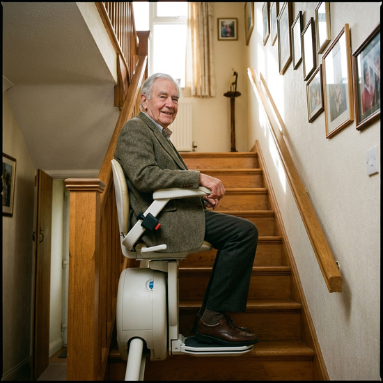 Senior fährt sicher mit einem Treppenlift ins obere Stockwerk