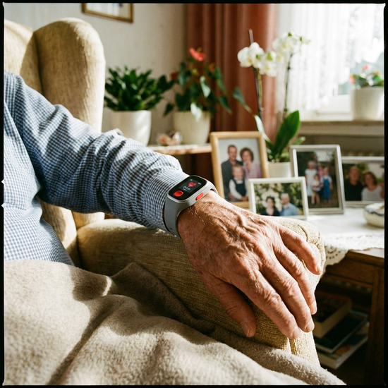 Hausnotruf-Gerät am Handgelenk eines Seniors