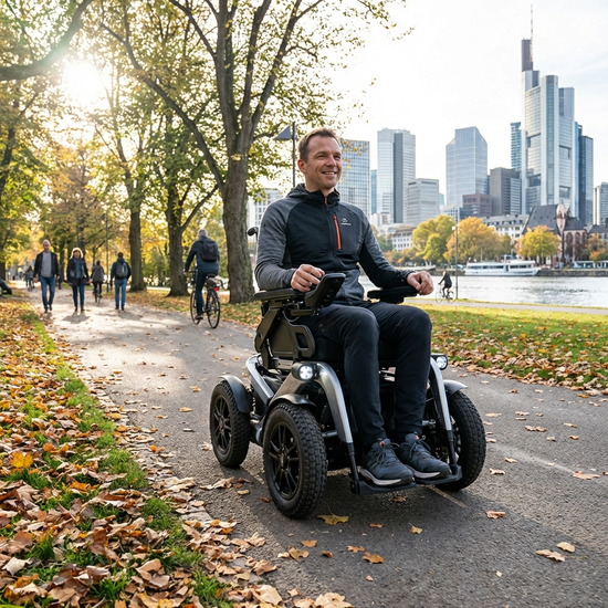 Moderner elektrischer Rollstuhl auf einem gepflasterten Weg im Park