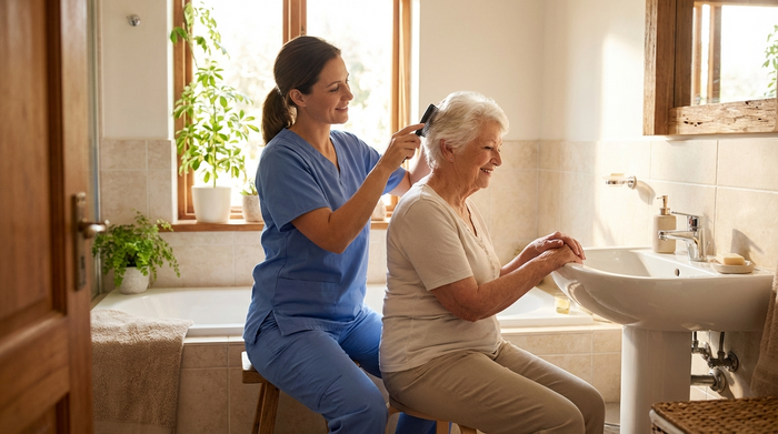 Professionelle Pflegerin unterstützt ältere Dame liebevoll bei der morgendlichen Routine im hellen Badezimmer