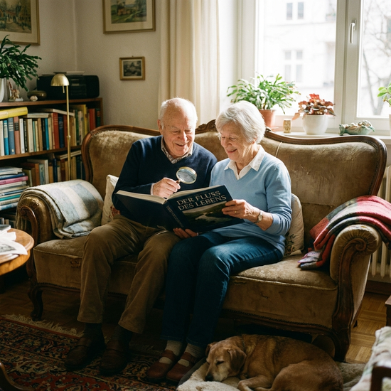 Älteres Ehepaar sitzt entspannt auf dem Sofa und liest gemeinsam ein Buch