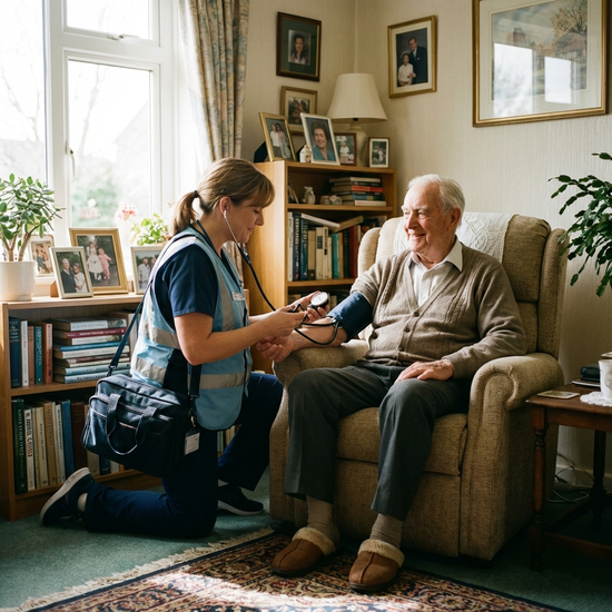 Ambulante Pflegekraft misst den Blutdruck eines Senioren im Wohnzimmer