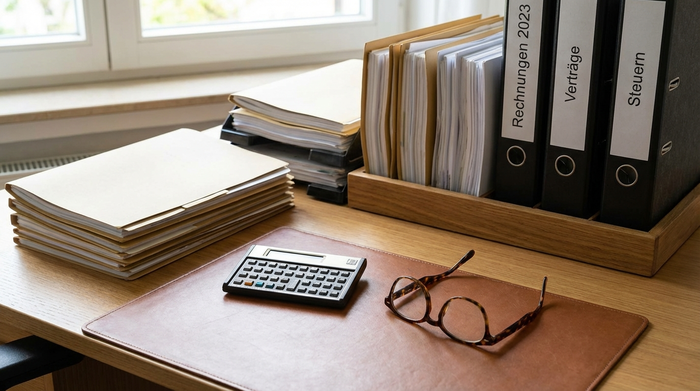 Ordentlich sortierte Dokumente, ein Taschenrechner und eine Brille auf einem aufgeräumten Holzschreibtisch