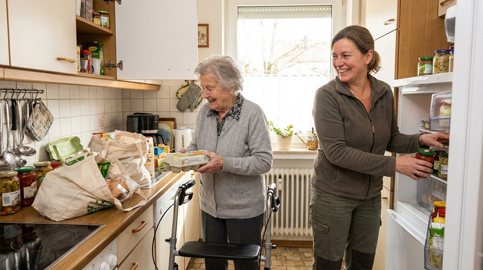 Alltagsbegleiterin hilft Seniorin beim Einräumen der Einkäufe in der Küche