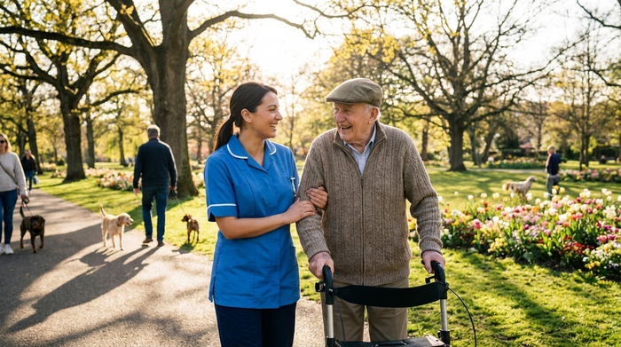 Pflegerin und Senior machen gemeinsam einen Spaziergang im sonnigen Park